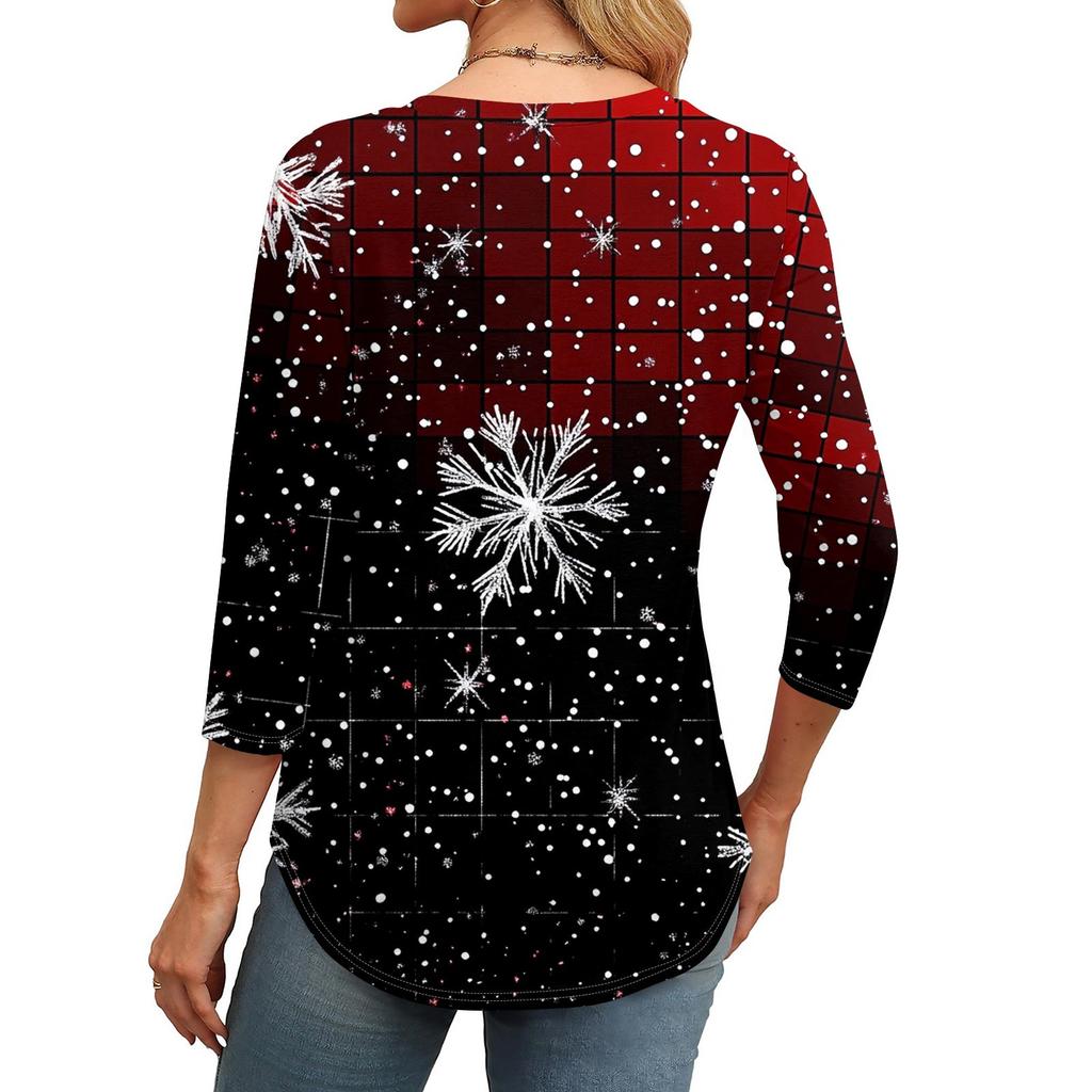 Women's Fashionable Round Neck Seven Quarter Sleeve Retro Printed Casual Basic Pleated T-shirt Top