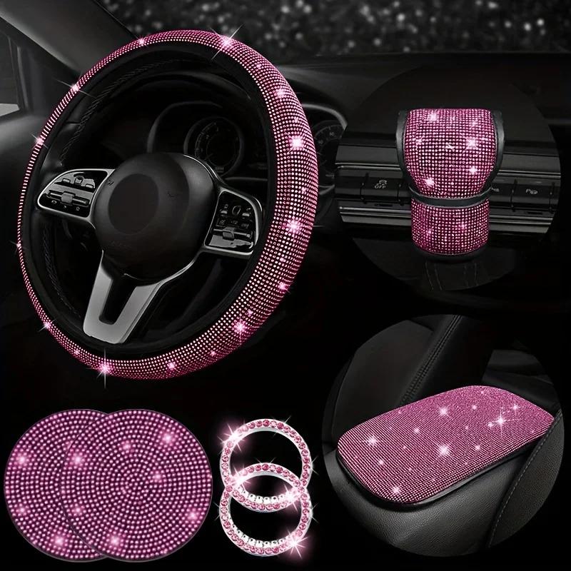 7pcs Bling Car Accessories For Women, Bling Steering Wheel Cover Bling Car Coasters Bling Car Armrest Box Mat Ring Emblem