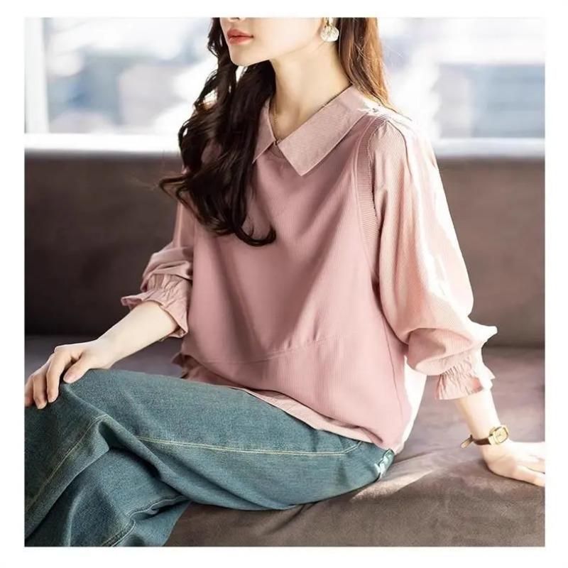 

Long-sleeved Shirt for Women Spring Autumn European Loose Fake Two-piece Top Fashion Slim S рожевий