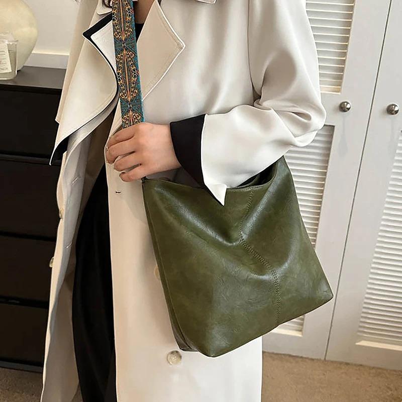 Vintage Solid Color Women Fashion Shoulder Sling Bag High-Capacity Simple Wide Strap Bucket Crossbody Bag