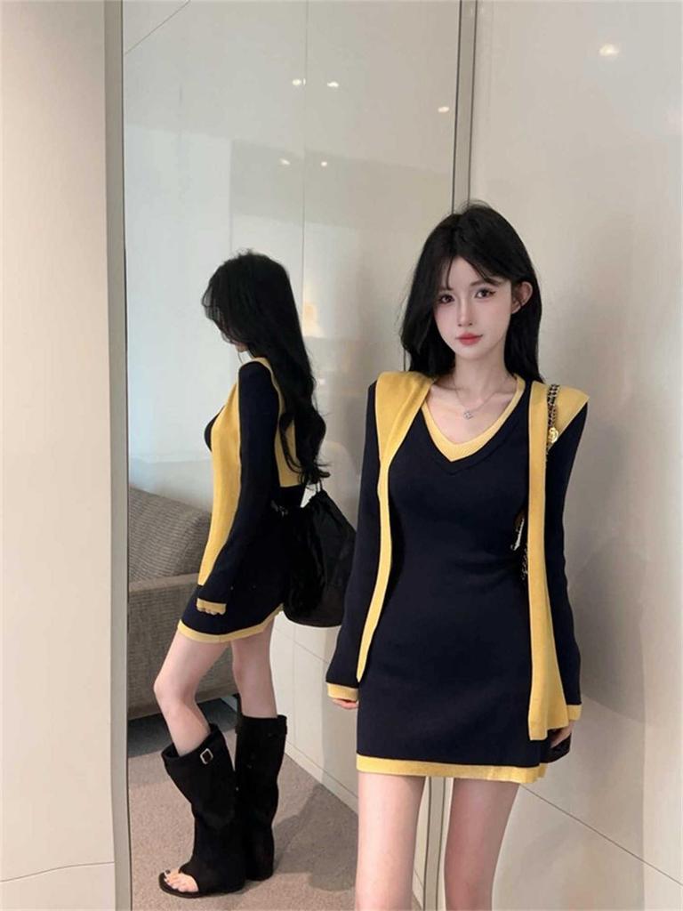 Women's Navy Collar Knit Dress: Spring Style, Sexy, Hip-Hugging, Two-Piece Look, Shawl Sweater Design