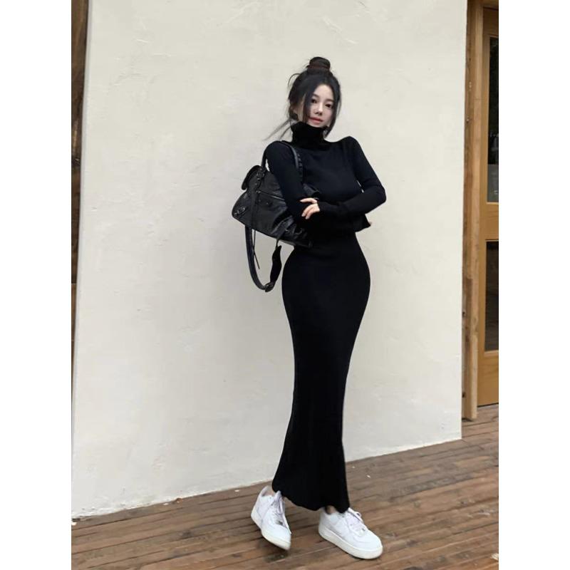Stunning High-end Long Black Inner Slim-fitting and Thin Bottom Sweater Skirt High-necked Knitted Dress Women's Autumn and Winter