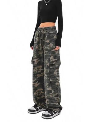 Damen Arbeitshose Camouflage - Mehrere Taschen, Locker Gerade, Weiter Bein