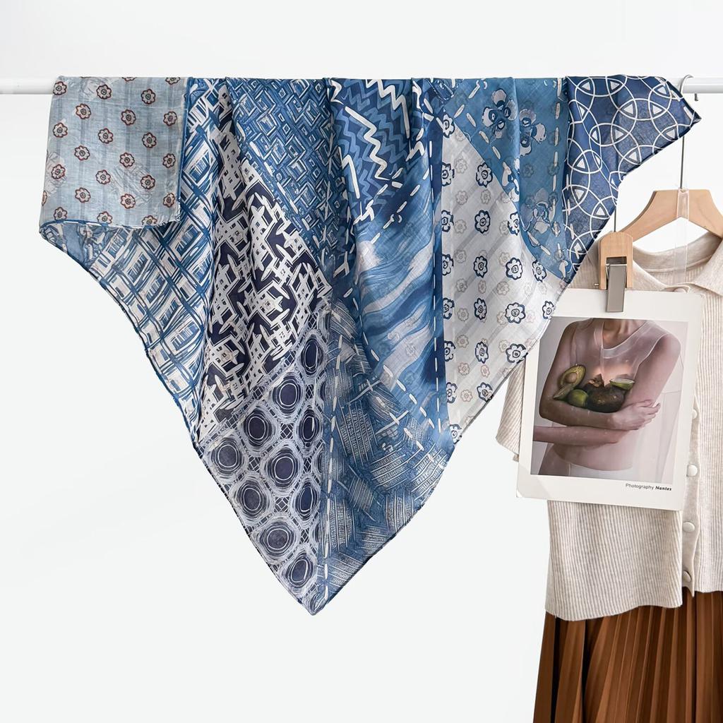 91 cotton and linen blue sub-square scarf silk scarf women's spring and autumn neck protection small scarf retro thin shawl velvet scarf