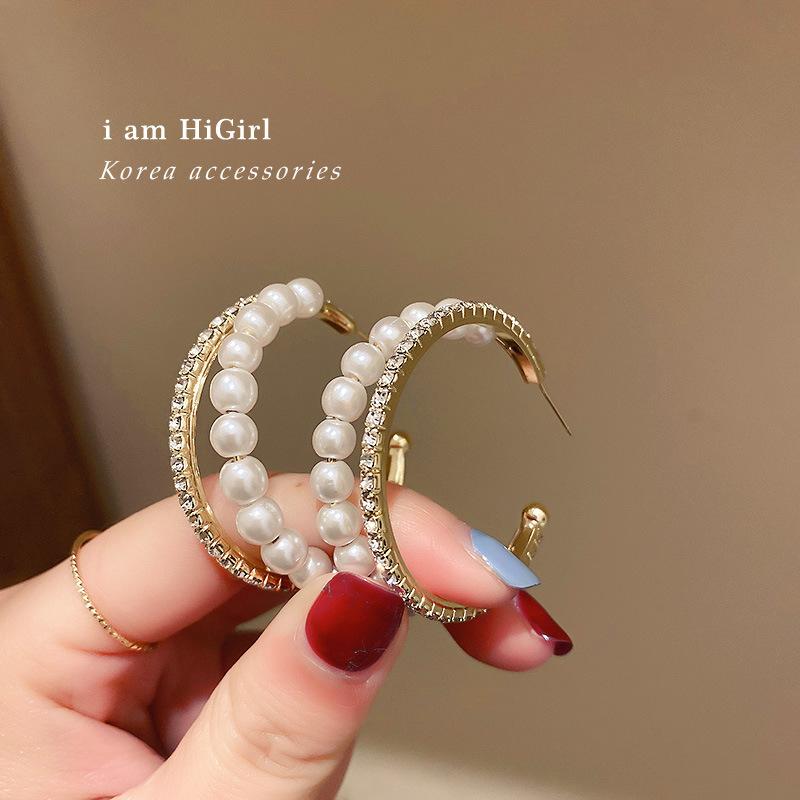 Silver Needle Korean Fashion Diamond Pearl Double Ring C-shaped Earrings Simple Design Earrings Cute Versatile Earrings Women