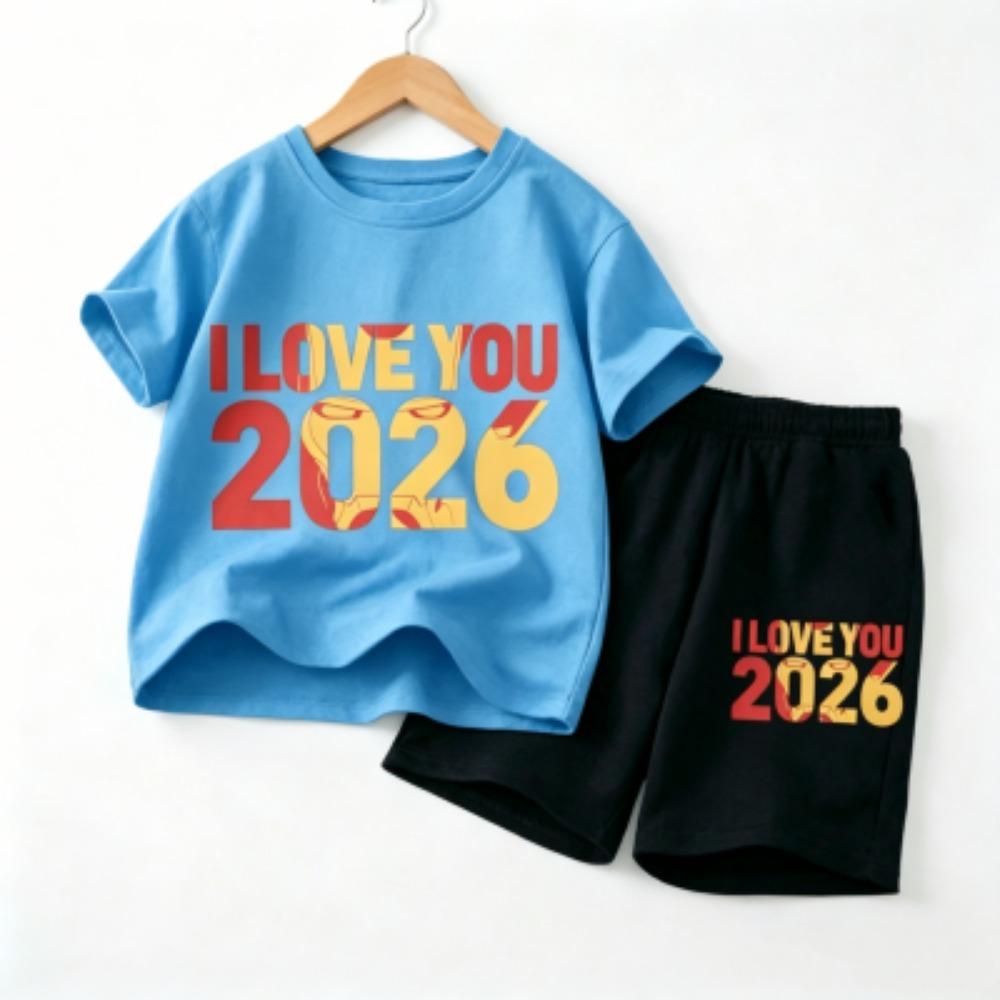 Fashion Letters I Love You 2026 Print Outdoor Street Kids T-shirt and Shorts Summer Home Casual Outfit Boy and Girl's Sports Set