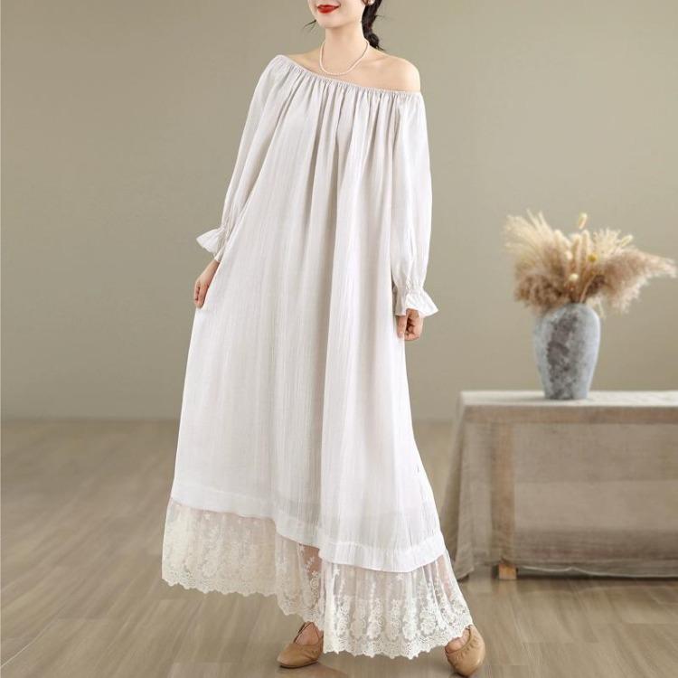 New French Style Oversize Off The Shoulder Dress Patchwork Lace Sweet One Neckline Slim and Long Look