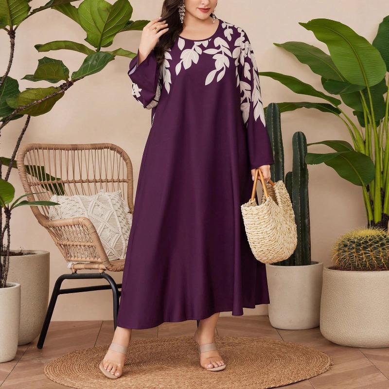Plus Size Loose Casual Commute Plant Printed Women Long A Line Dress