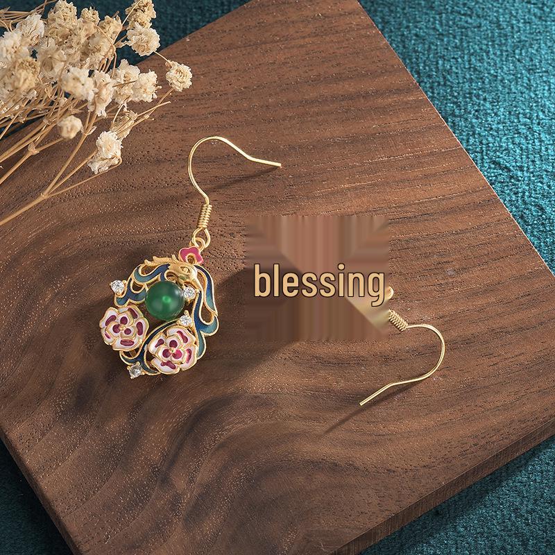 Guochao Cloisonné Enamel Chalcedony Stud Earrings for Women - Jingtai Blue Chinese Style Dangle with Cheongsam Influence