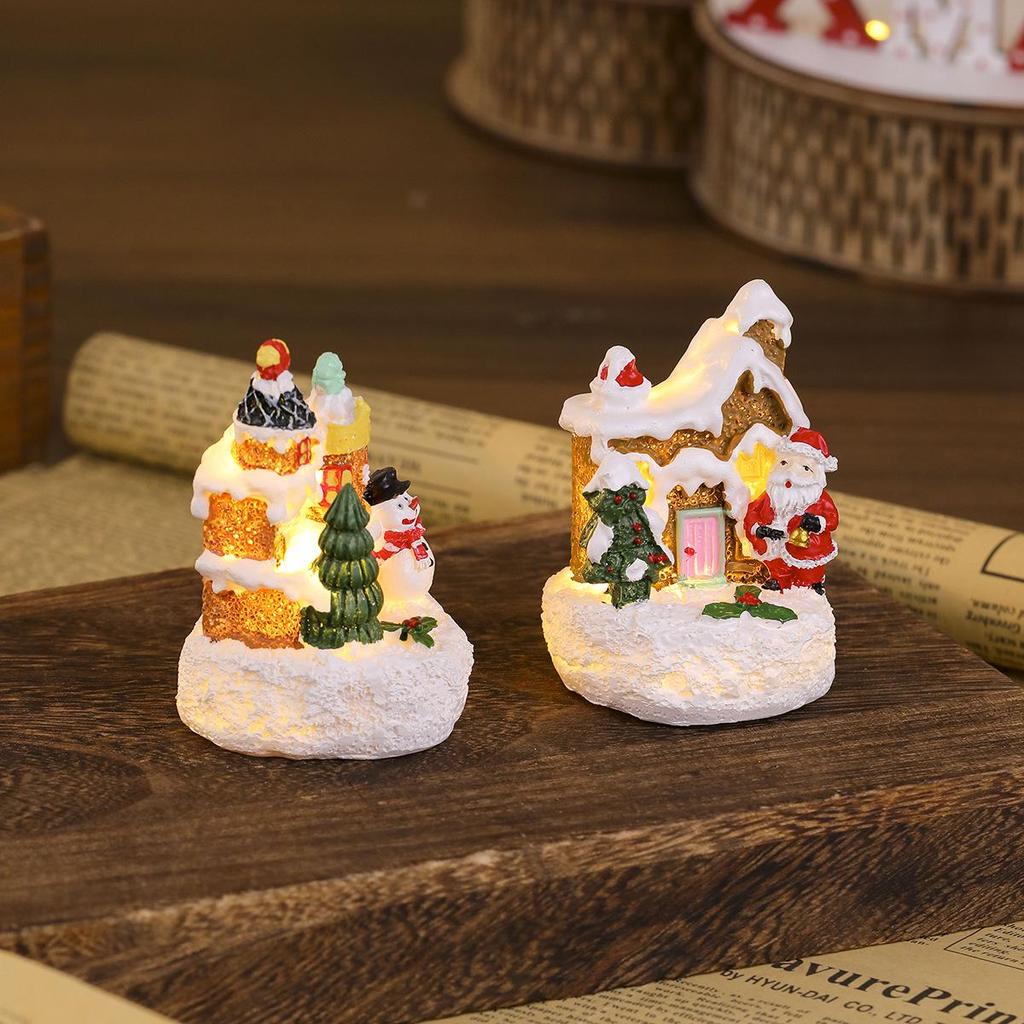 Glowing Resin Christmas House with Santa & Snowman Ornament