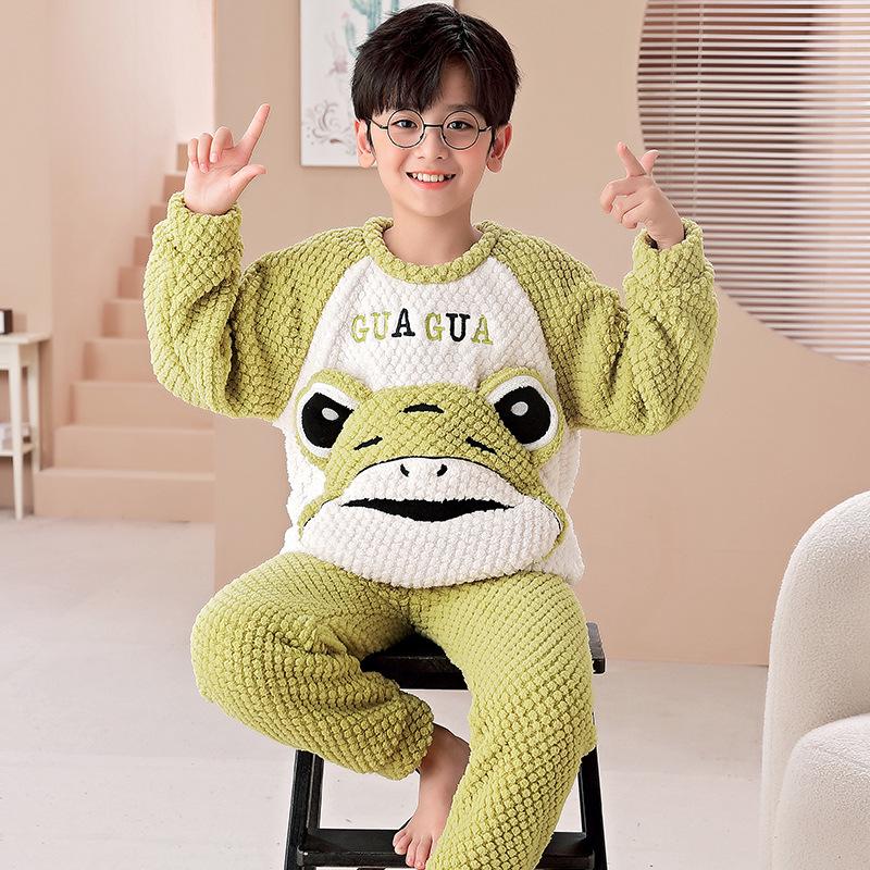 Flanell-Cartoon-Pyjama für Jungen - Langärmlig, Rundhalsausschnitt, Korallenfleece, Herbst/Winter