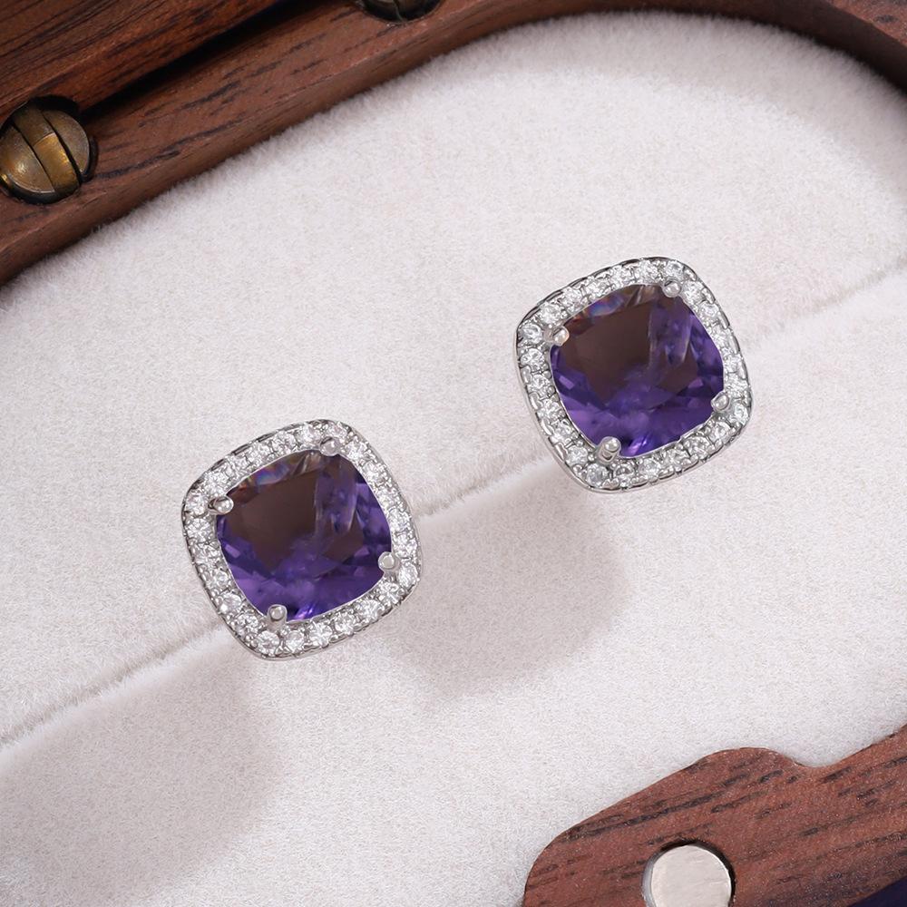 

New Korean Classic Multiple Color Options Shining Dopamine-colored Zircon Square Stainless Steel Stud Earrings for Women Zircon фіолетовий