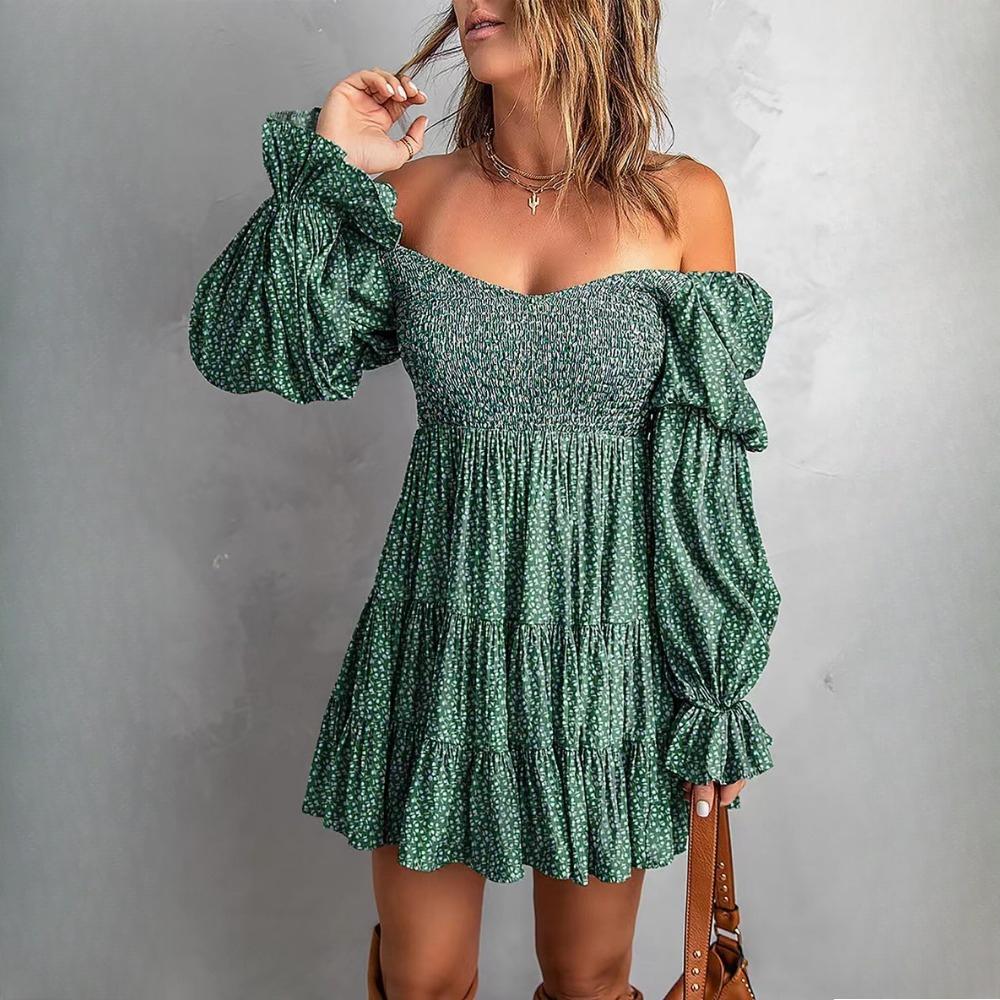 GMXIA Autumn Solid Colour Waist Pleated A-line Dress Sexy One-shoulder Dresses