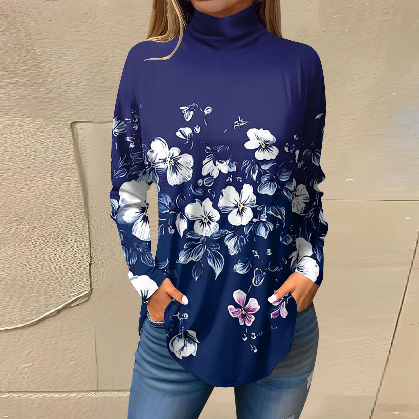 

Футболки для женщин, осенние повседневные рубашки с длинными рукавами, толстовка с винтажным принтом, топ с высоким воротом, пуловер XXL фиолетовый