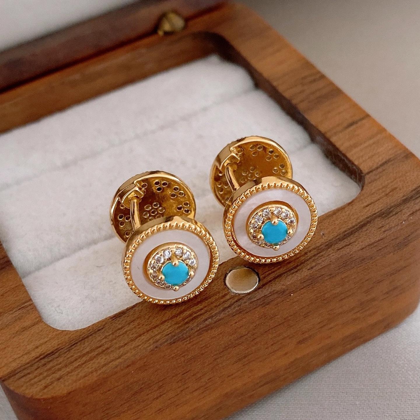 18K real gold plated round texture zircon fritillary earrings court style earrings