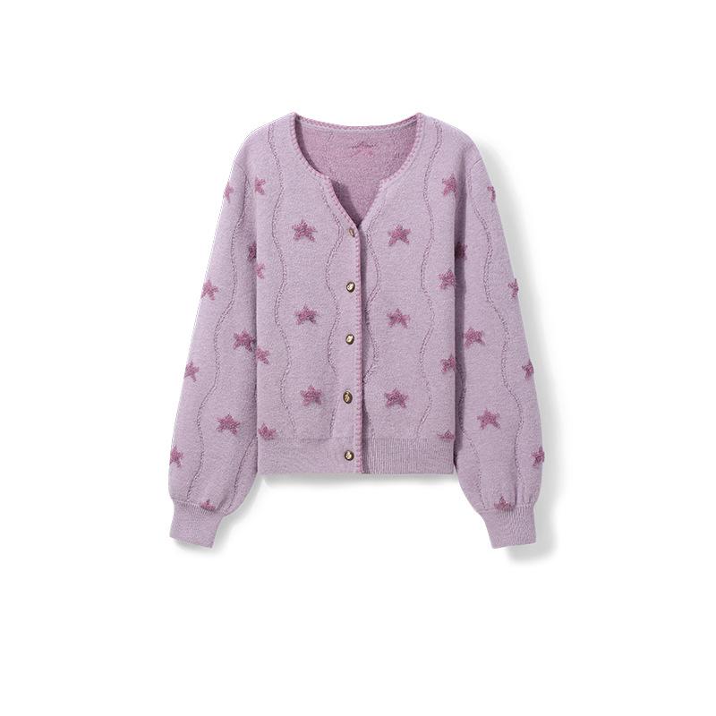 Spring and Autumn V-neck Purple Stars Inside The Gentle Wind Outside The Knitted Cardigan Sweater Female Casual Fashionable and Versatile