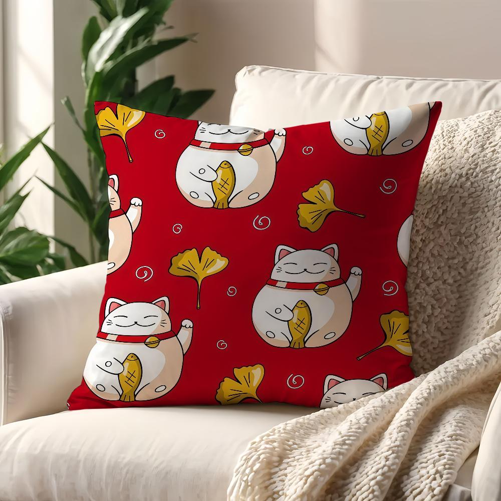 Lucky Cat M-Maneki Neko Cushion Cover For Pillow Printing Sofa Decoration Home Car Room Coffee Shop Office Nordic Simplicity