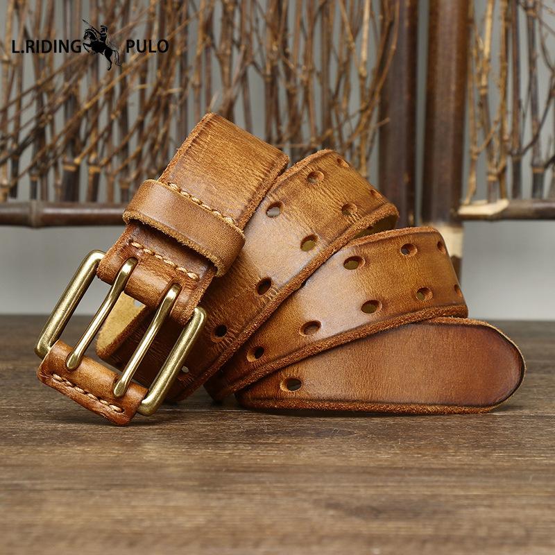 Cintura in Pelle Trendy Stile Retro con Doppia Fibbia ad Ardiglione, Vera Pelle, Vacchetta Primo Strato Conciata al Vegetale Lavata, Nuovo Stile per Giovani Uomini