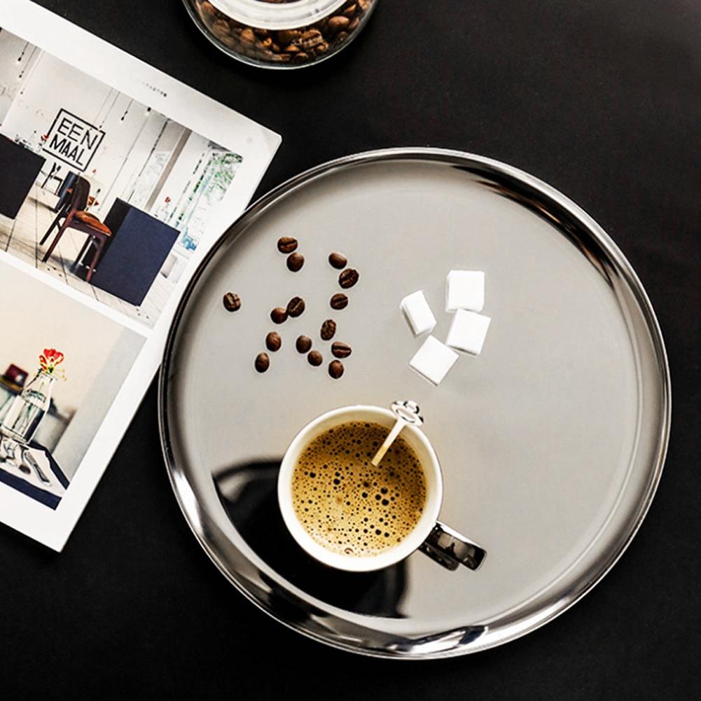 

28cm Stainless Steel Round Tray Fruit Snacks Storage Holder Tea Plate Serving TrayLarge Round Silver