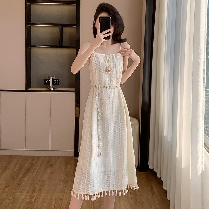 Bohemian Tassel Spaghetti Strap Fitted White Dress with Shawl - Early Spring Collection