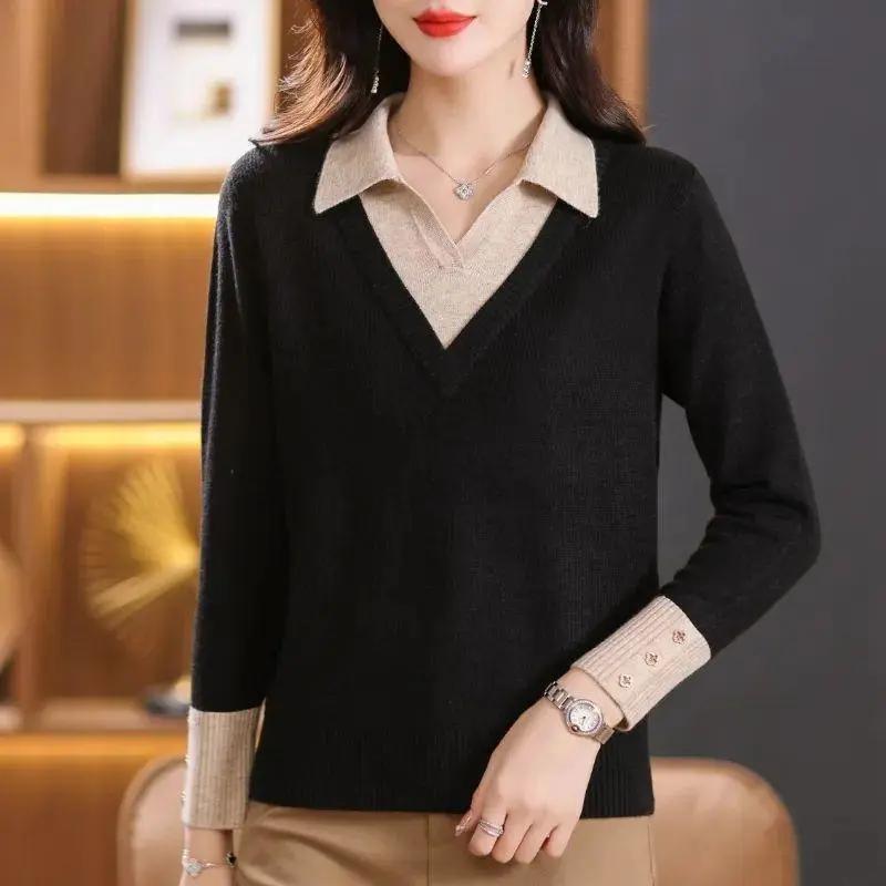 Women's Spring and Autumn Collared Loose Fit Plus Size Sweater Elegant and Beautiful Patchwork Knitted Undershirt