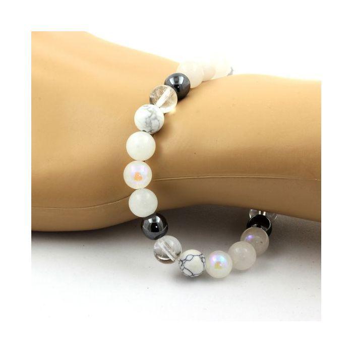 Pierres et Minéraux. Bracelet Perles Hématite + Quartz + Pierre de lune + Howlite 8 mm. Fabriqué en France.
