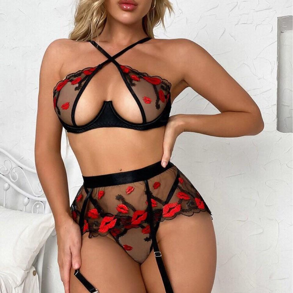 New Sexy Underwear Sexy Women's Mesh Rose Embroidery Three-point Hanging Three-piece Set