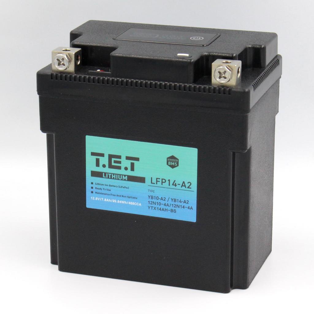 Motorcycle Battery for with BMS and Warranty T.E.T LFP14-A2 Ultra-Lightweight Lithium-Ion YB10-A2/YB14-A2, 7.8Ah, 468CCA, 99.84Wh, Voltmeter, LiFePO4,