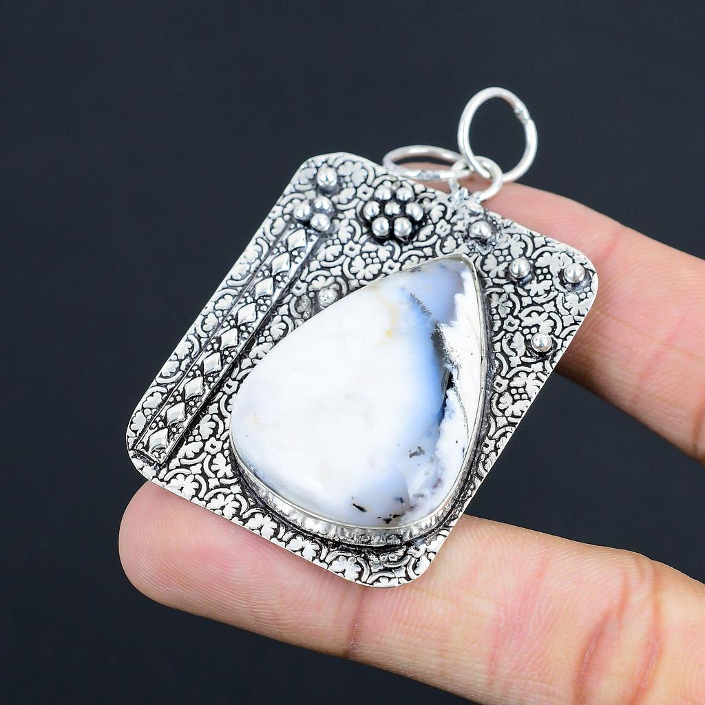 Pear Dendrite Opal Gemstone 925 Silver Wedding Engagement Mother Pendant Jewelry