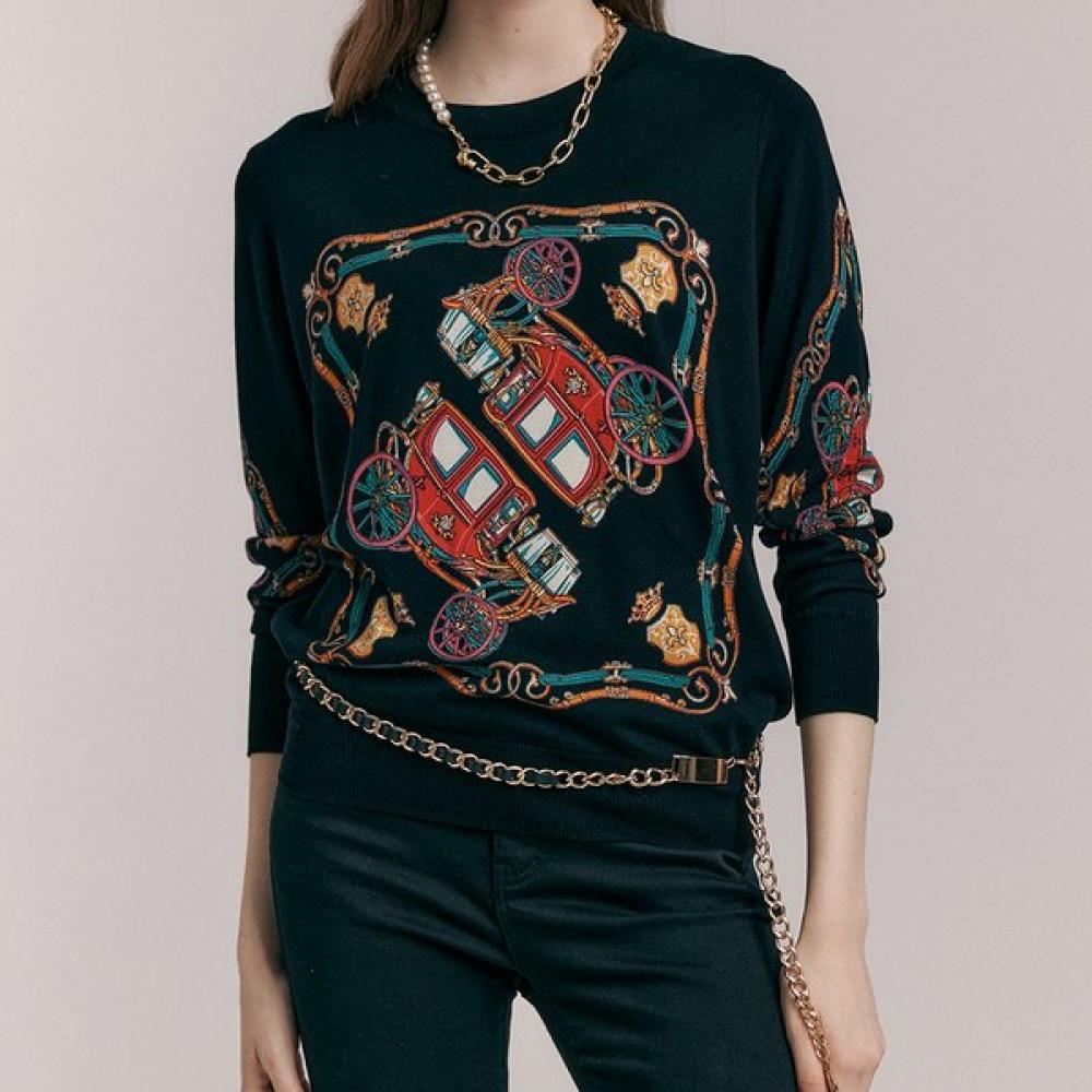 

Maxza Colorful Carriage Print Round Neck Knit Zc11qk007on blacks/FREE