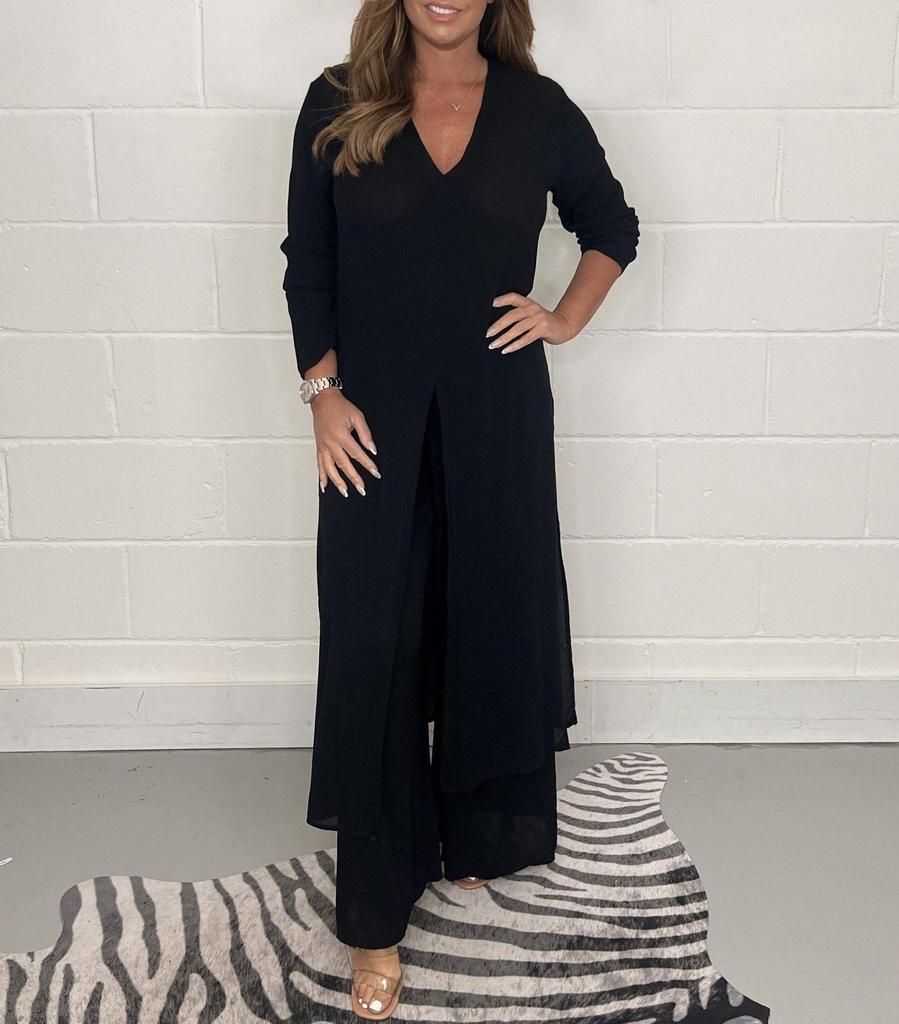 Women's V-Neck Long-Sleeve Slit Top with Wide-Leg Pants - Summer Solid Color Set