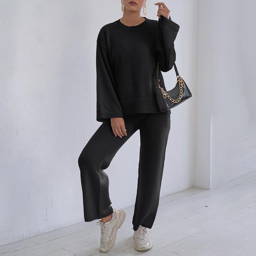 Home Set Loose Comfortable Casual Solid Color Long Sleeve Top Pullover Sweater Women Straight Wide Leg Pants Two-piece Set