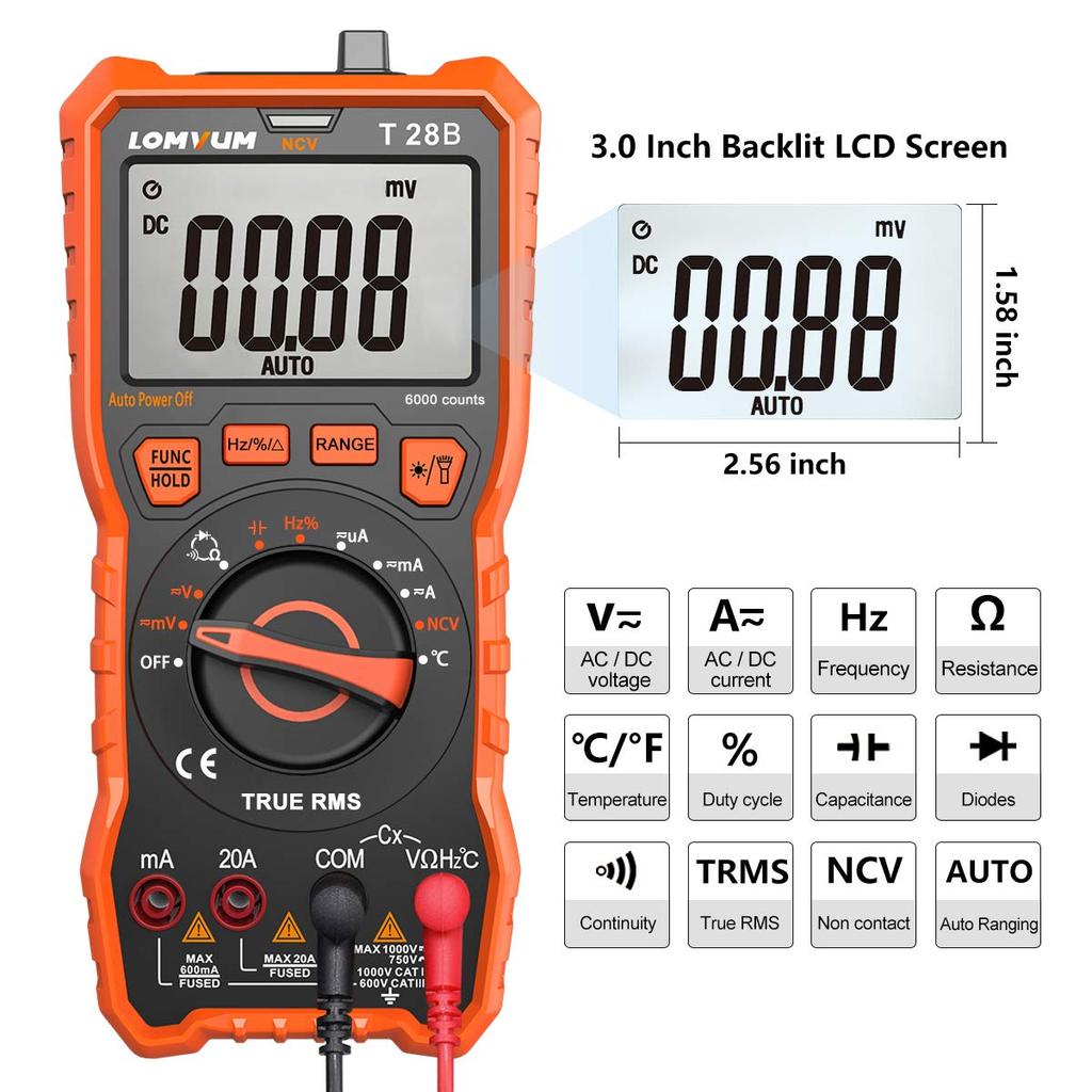 LOMVUM Digital 6000 Count Voltage Tester Meter with Backlight LCD and Flashlight Multimeter, Auto-Range Ohm, Volt, Ampere, Capacitance, Temperature,