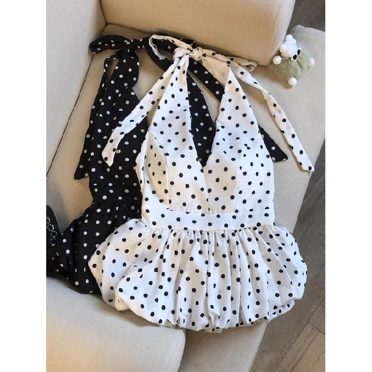 Backless Sexy Halter Beach Babydoll Crop Tops Women Polka Dots V Neck Sleeveless T Shirt Ruffles Basic Tees Not-Padded Pad