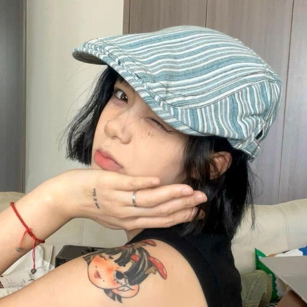 Y2k Peaked Caps Striped Painter Hat Retro Newsboy Cap  Berets