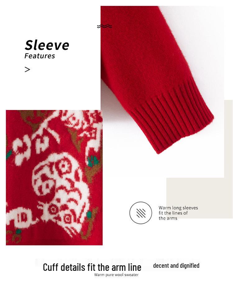 100% Wool Red Jacquard Round Neck Sweater - Autumn/Winter Loose Knit Christmas Top