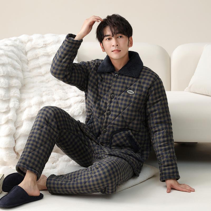Pajamas Men'S Winter Three-Layer Pure Cotton Padded Thickened Fleece Warm Winter Coral Fleece Large Size Loungewear Set