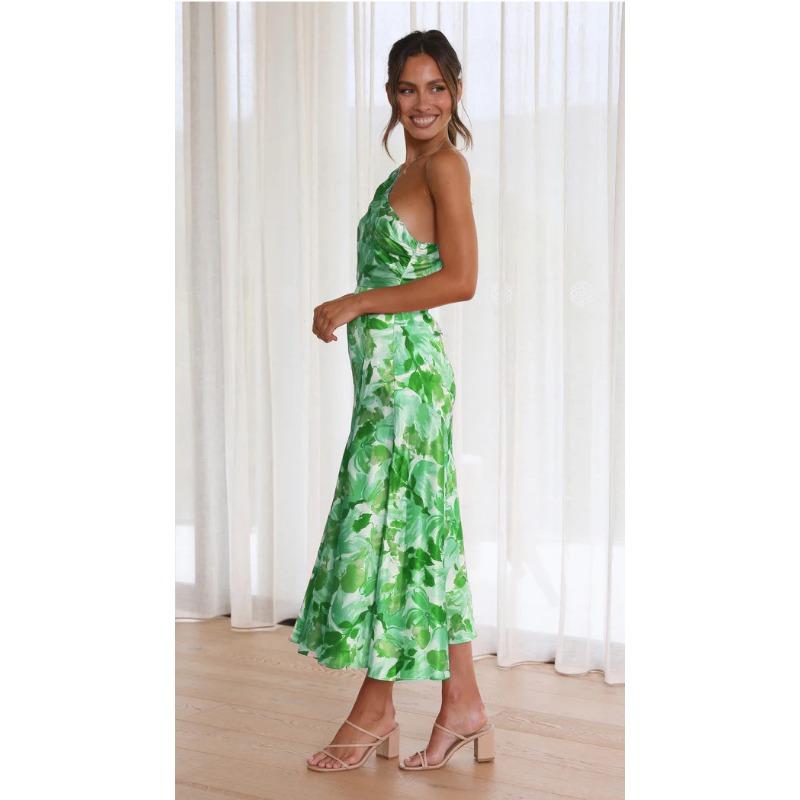 VEZFAA Women's Fashion Summer Spring Flower Pattern Print Sleeveless Oblique Collar High Waist Casual Dresses