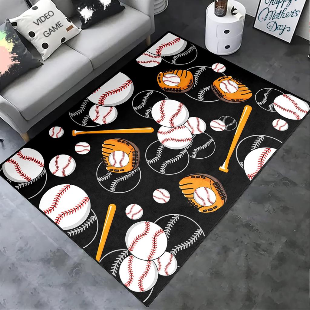 Baseball Rug for Boys Bedroom and Playroom, Non-Slip Sport Carpet, Living Room and Bedroom Decor