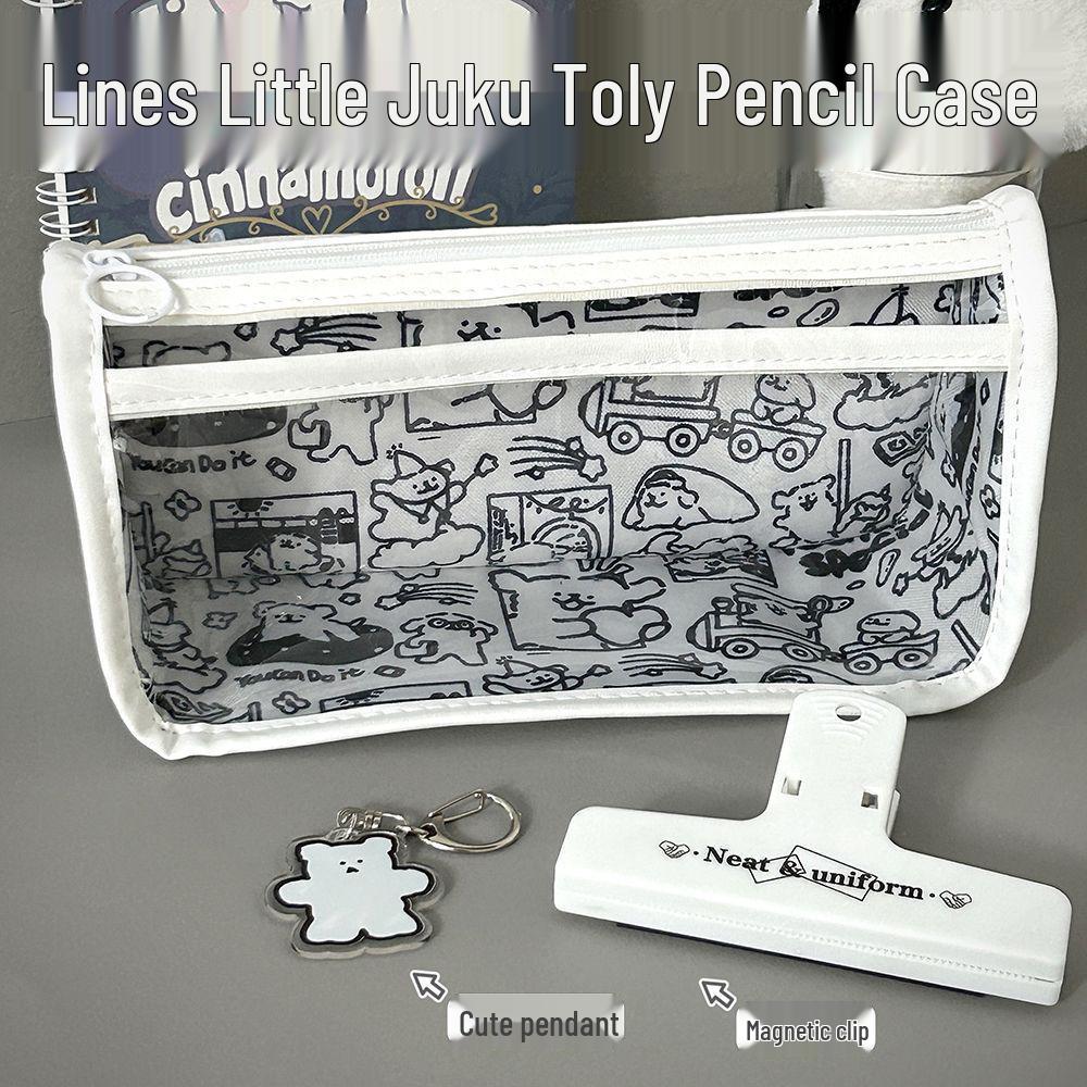 Puppy Design Transparent PVC Pencil Case, Large Capacity, Double Layer for Students