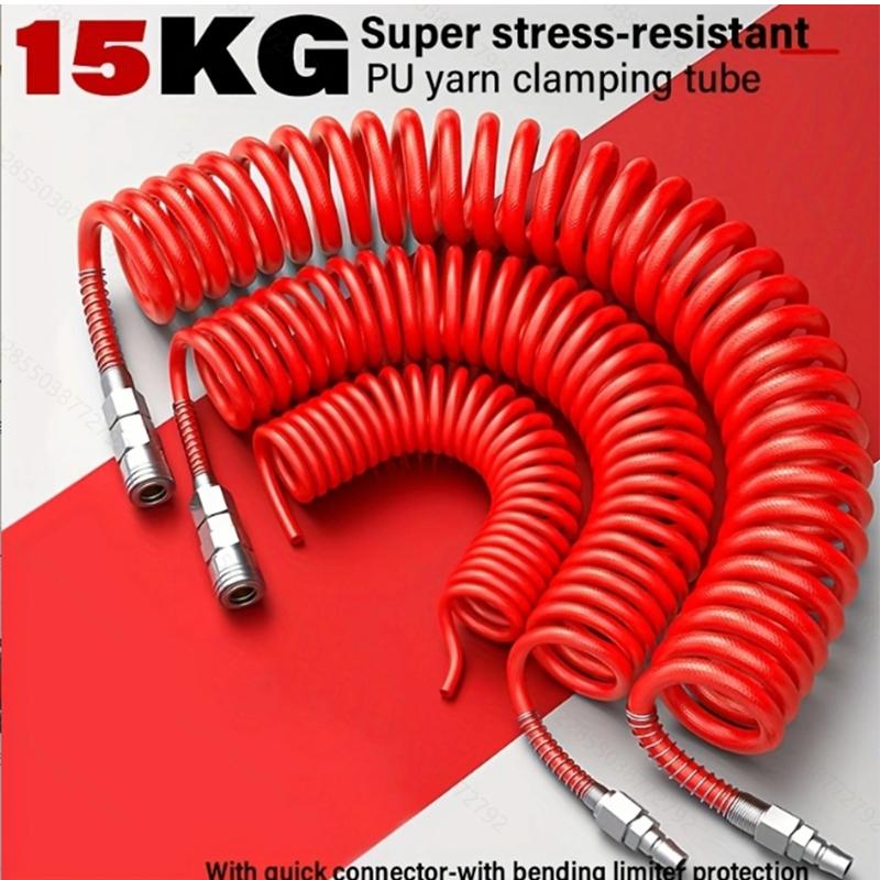 Air compressor hoses & accessories: 8mm high-pressure spring hose (15Bar, 5/10/15M). High-pressure PU yarn-wrapped, 3-layer poly