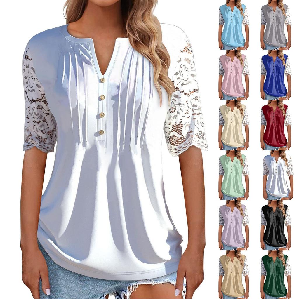 Summer Women's Short Sleeved Color Lace Sleeve Patchwork Top T-shirt