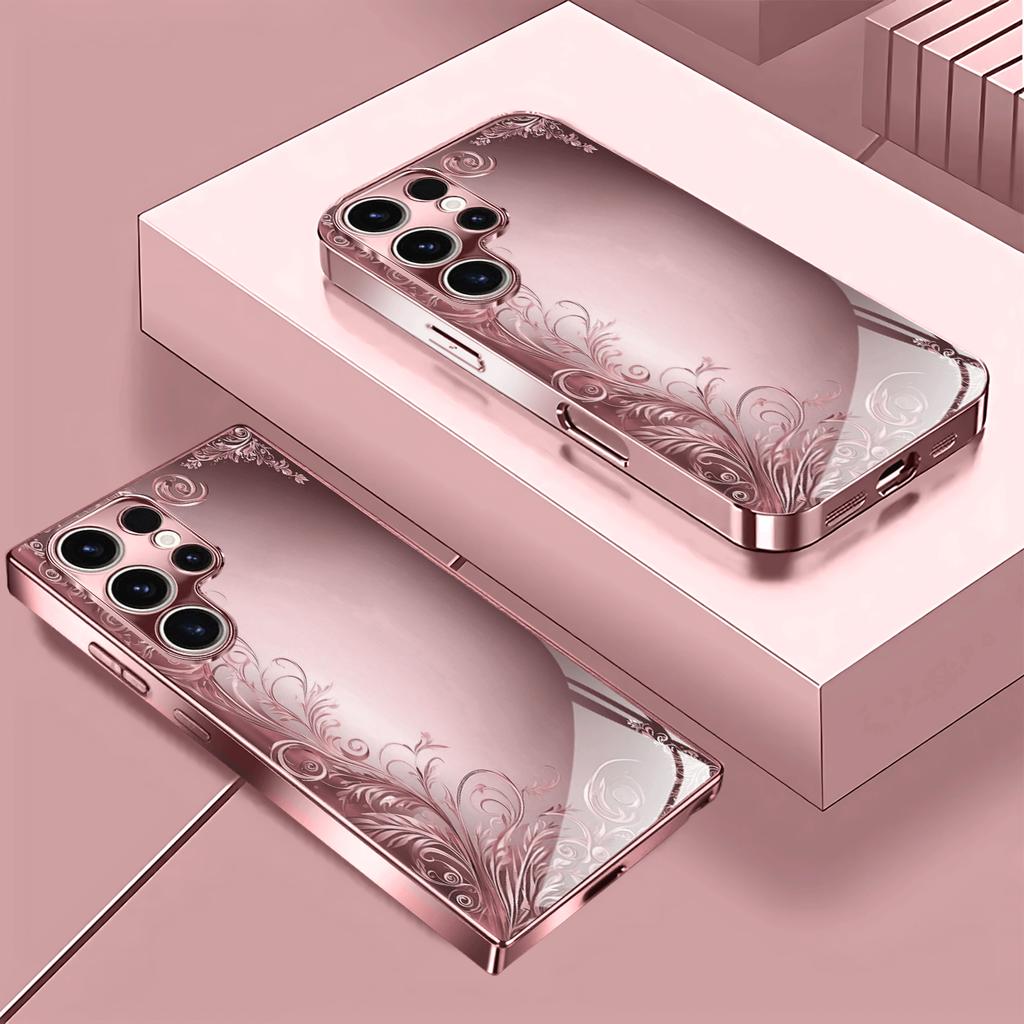 Flowers Pink Rose Gold Exquisite PhoneCase Glass PhoneCase for Samsung Galaxy S26 S25 S24 S23 S22 FE,Ultra,Plus Dropresistant