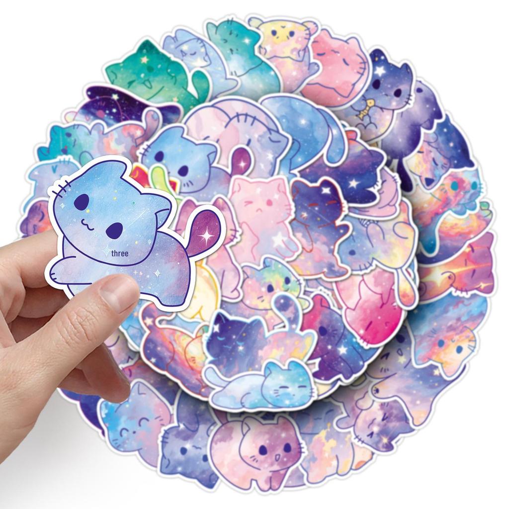 50 Sheets Starry Sky Cat Graffiti Stickers: Hand-Painted Watercolor Kittens for Water Bottles & Journals