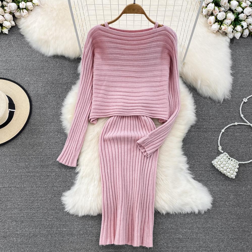 Lazy Style Dlouhý rukáv Kulatý výstřih Volný úpletový top + Dvoudílná souprava vesty s výstřihem do V