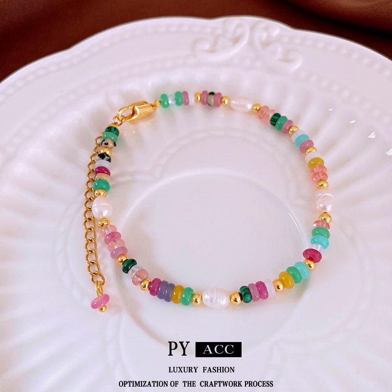 Armband im chinesischen Stil, vergoldet, mit Naturstein und Perlen, Vintage, mit Perlen