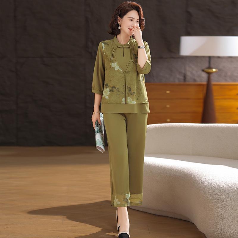 

Летняя мода мамы: Комплект из двух вещей в китайском стиле, омолаживающий, для женщин среднего возраста XXXL (125-138 jin) армия зеленый