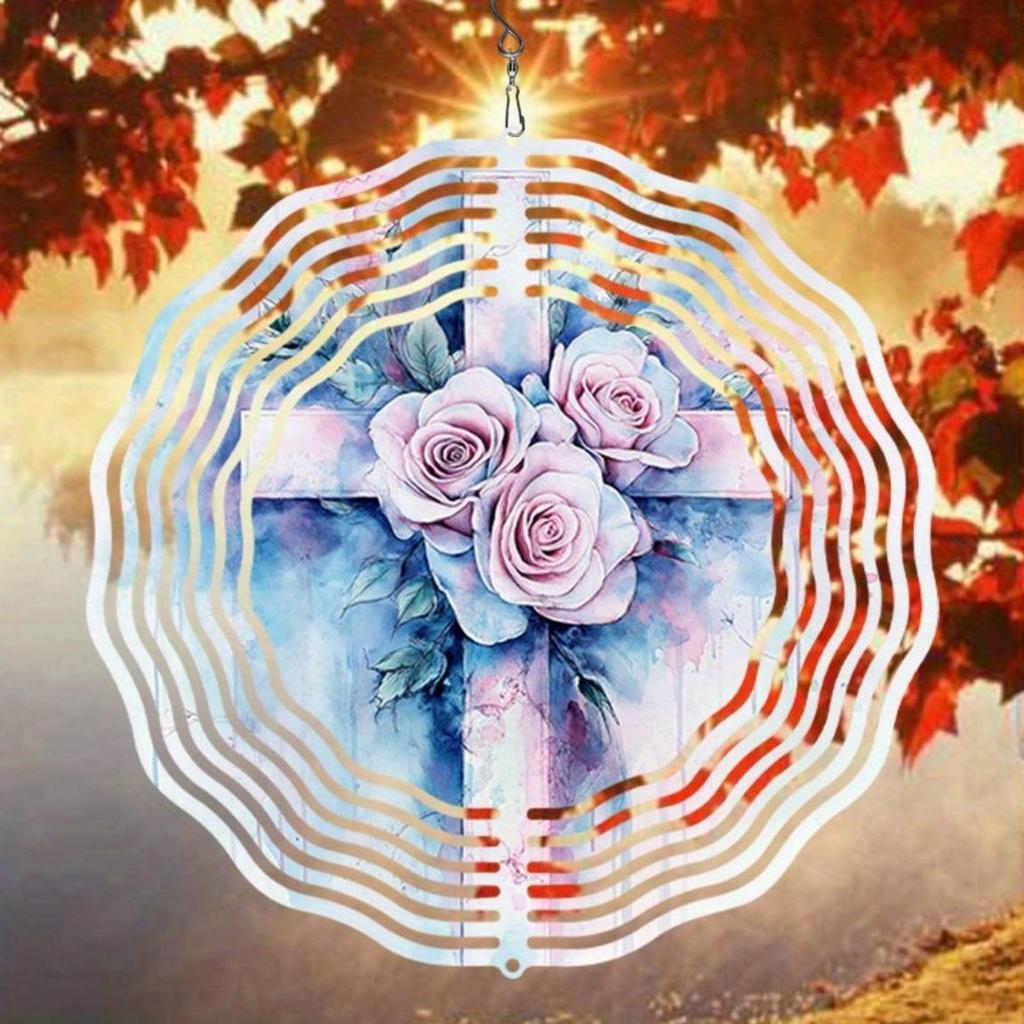 Metal Wind Spinner with 3D Rose Floral Cross Design Rotating Outdoor Garden Decor for Yard Patio Balcony