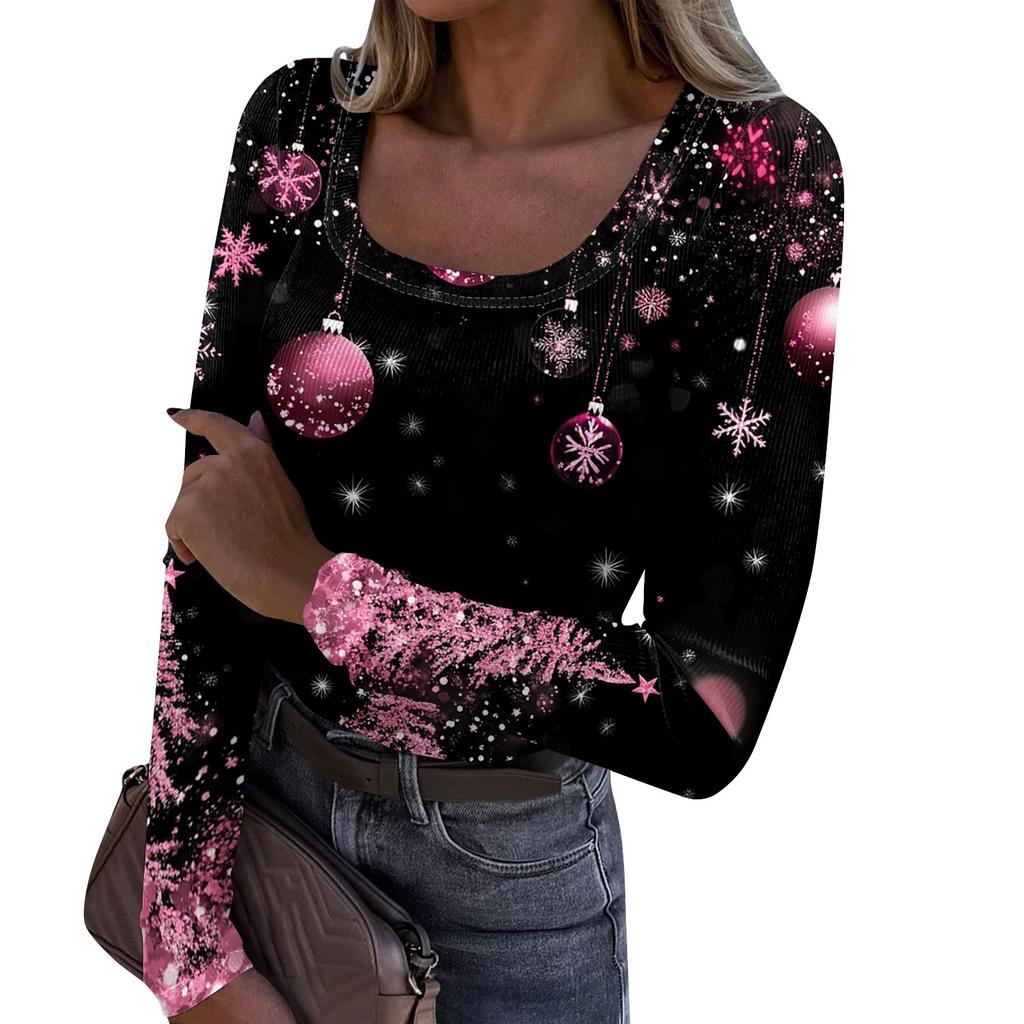 Γυναικείο μοντέρνο λεπτό σλιπ, casual, με μακριά μανίκια, χριστουγεννιάτικο τυπωμένο πουλόβερ με λαιμόκοψη U