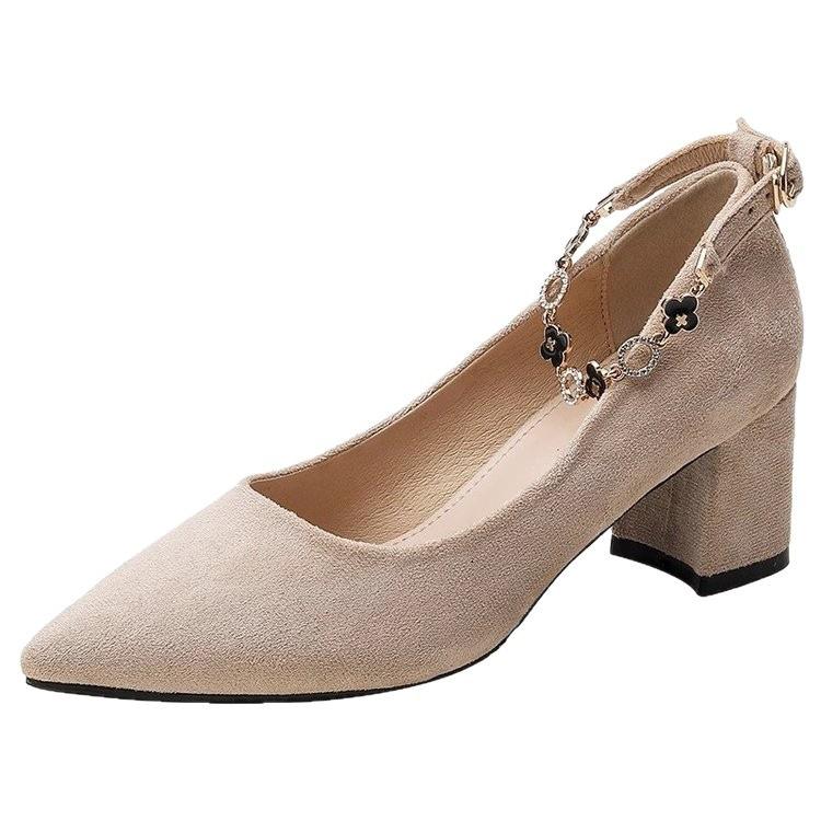 Pearl one-word belt high heels, new autumn design temperament with skirt thick heel medium heel single shoes